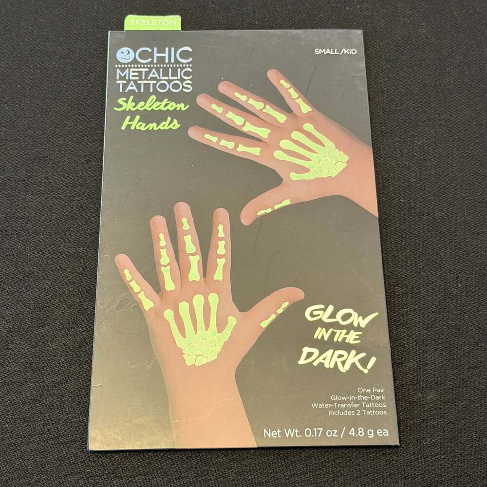 2 Chic Glow in the Dark KIDS Skeleton Hands Metallic Temporary Tattoos 1 Pair